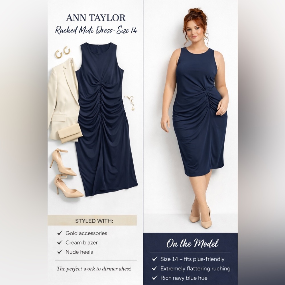 PTP  24”. Length 47 inches. 💙 Ann Taylor Ruched Midi Dress – Size 14
